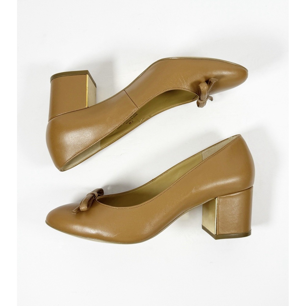 Talbots Isa Bow Nappa Pumps Block Heels Slip On Leather Office Minimalist Tan 7 - Picture 15 of 16